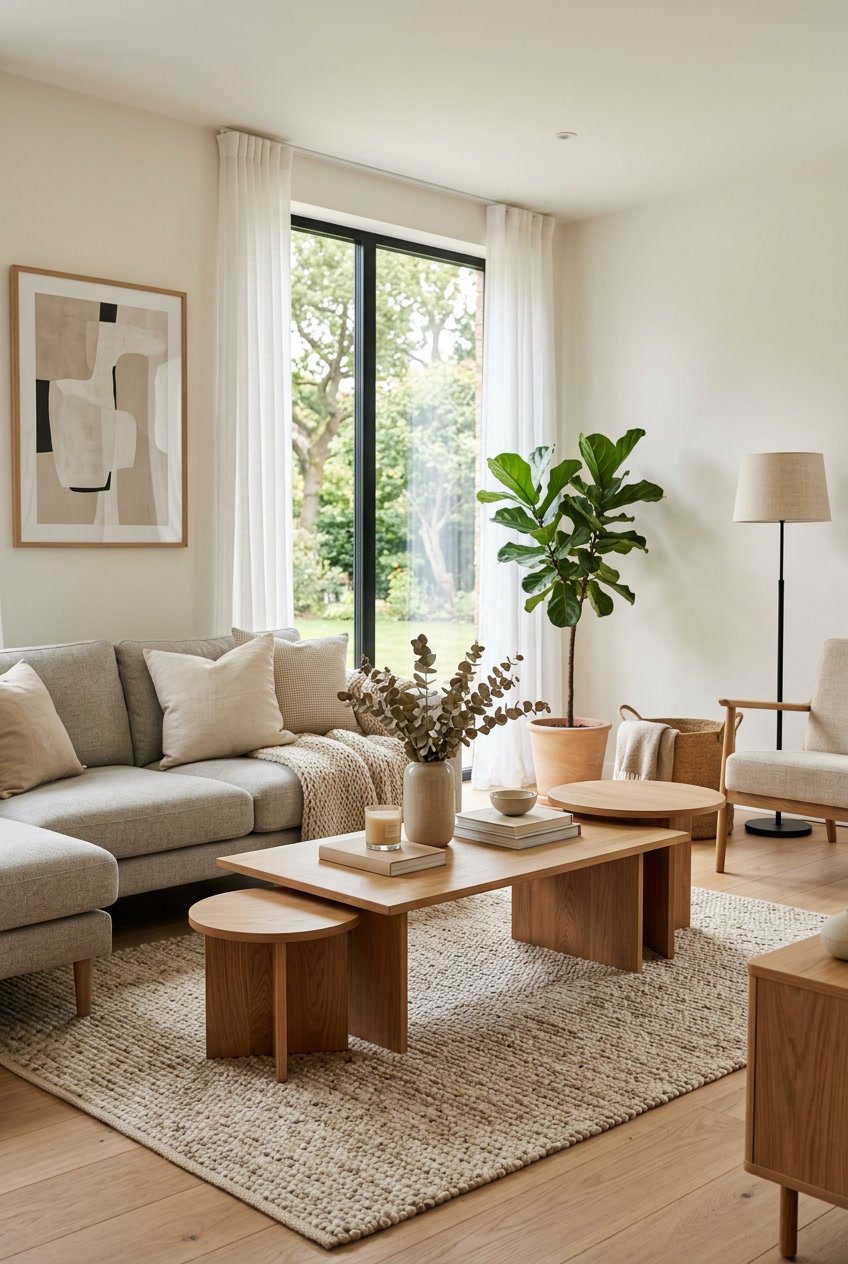 Gemütliches Wohnzimmer mit einem hellen Holzcouchtisch und bequemen Sitzmöbeln, natürlichem Licht und Pflanzen.