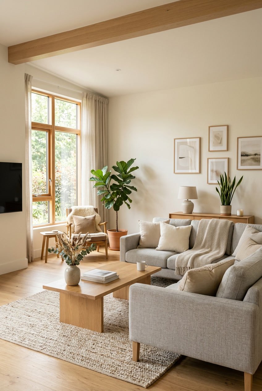 Ein gemütliches Wohnzimmer mit hellen Wänden, einem Sofa, einem Holztisch und Pflanzen.