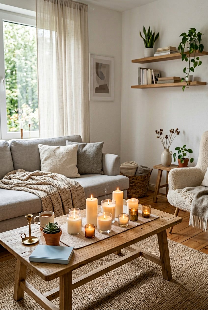 Ein gemütliches Wohnzimmer mit Kerzen in verschiedenen Größen auf einem Holztisch, die sanft flackern und eine warme Atmosphäre schaffen.