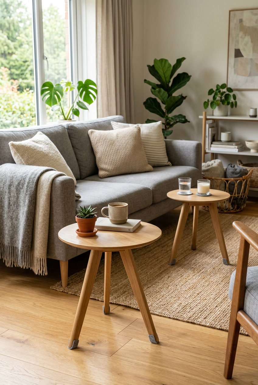 Gemütliches Wohnzimmer mit mehreren Holztischen, die Filzgleiter an den Beinen haben, um den Boden zu schützen.