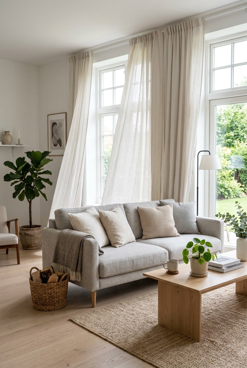 Gemütliches Wohnzimmer mit einfachen Vorhängen, Sofa, Holztisch und Pflanzen in natürlichem Licht.