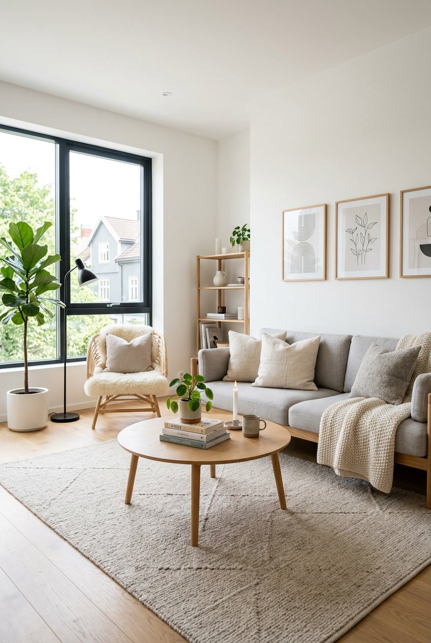 Ein helles Wohnzimmer mit einem grauen Sofa, einem Holztisch, einem Teppich und großen Fenstern, das gemütlich und einladend wirkt.