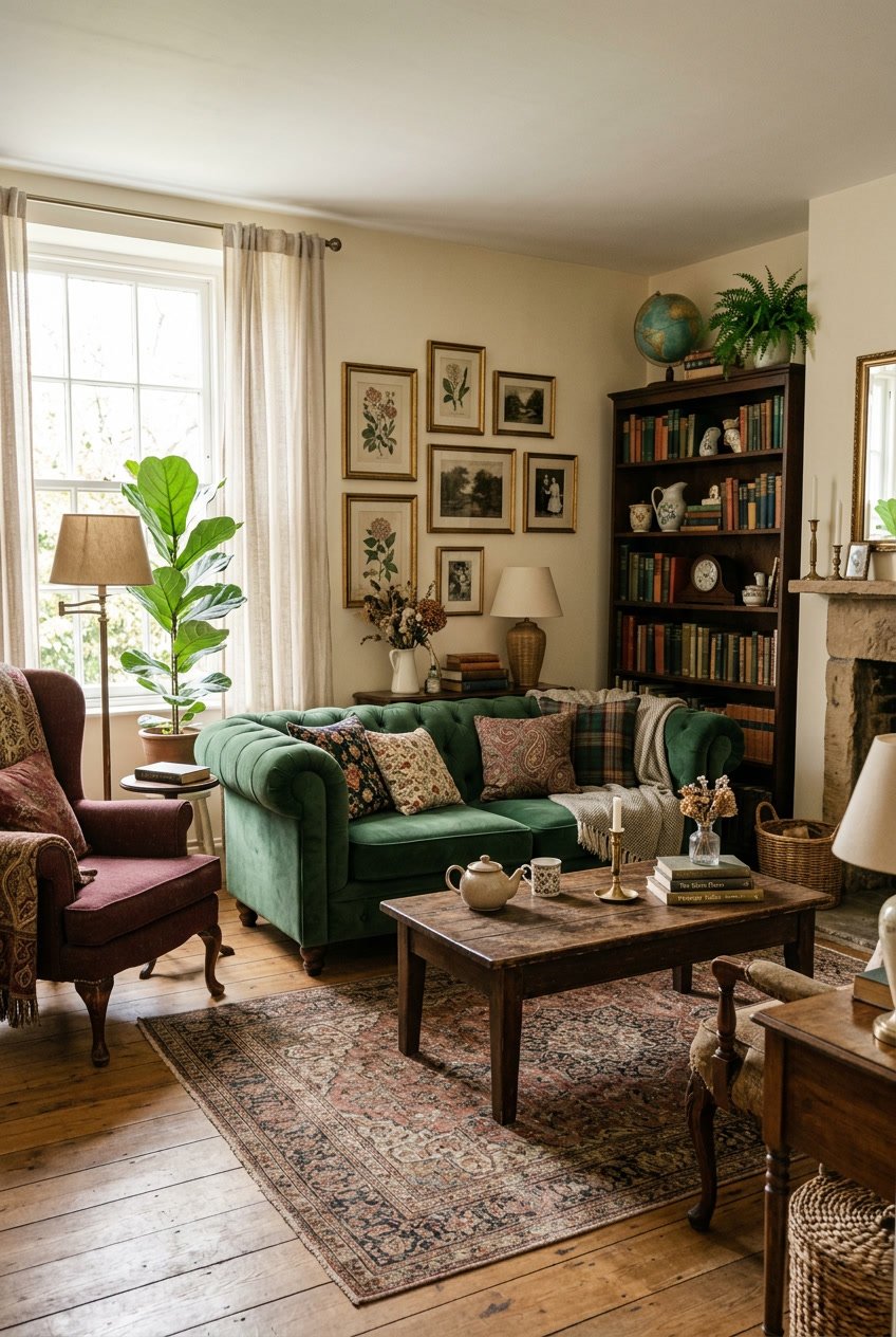 Ein gemütliches Wohnzimmer mit Sofa, Sessel, Holztisch, Teppich und Pflanzen in warmem Licht.