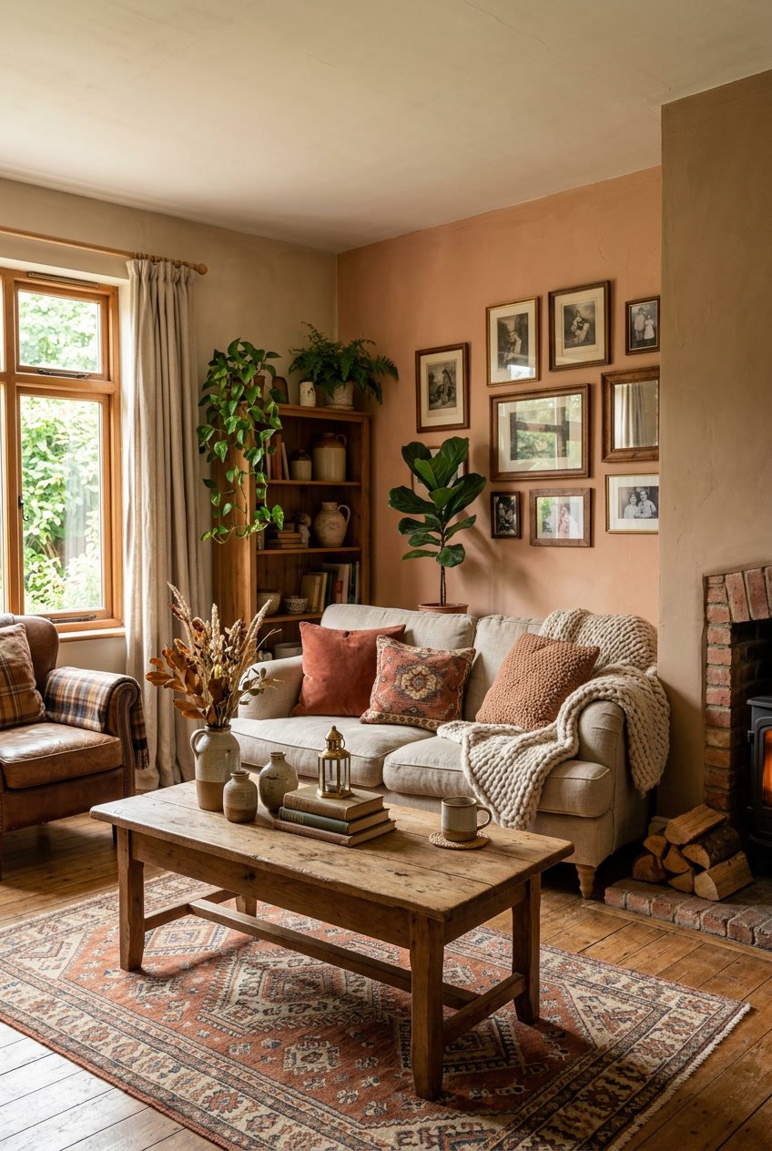 Gemütliches Wohnzimmer mit warmen Erdtönen an den Wänden, einem Sofa, einem Holztisch und dekorativen Gegenständen.