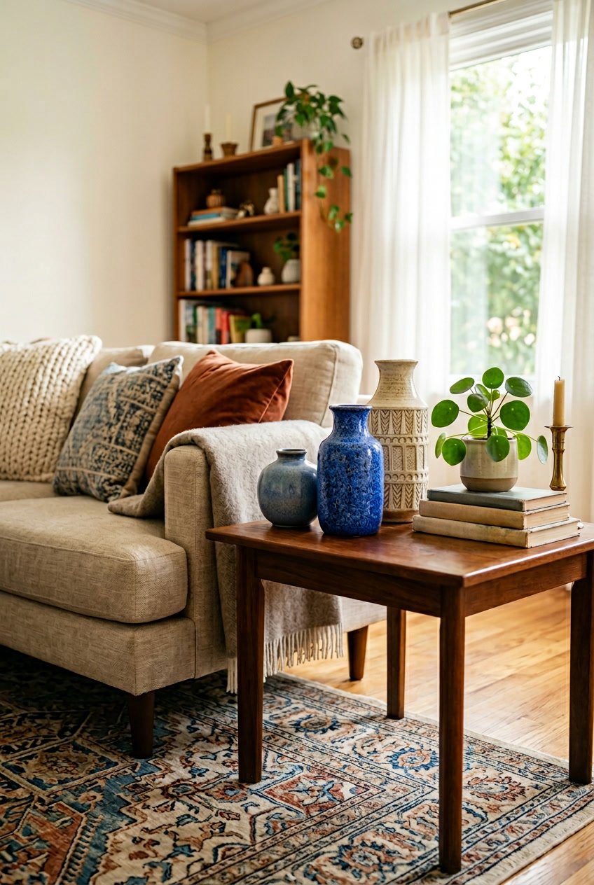 Ein gemütlicher Wohnzimmerecke mit blauen und beigen Keramikvasen auf einem Holztisch neben einem Sofa.