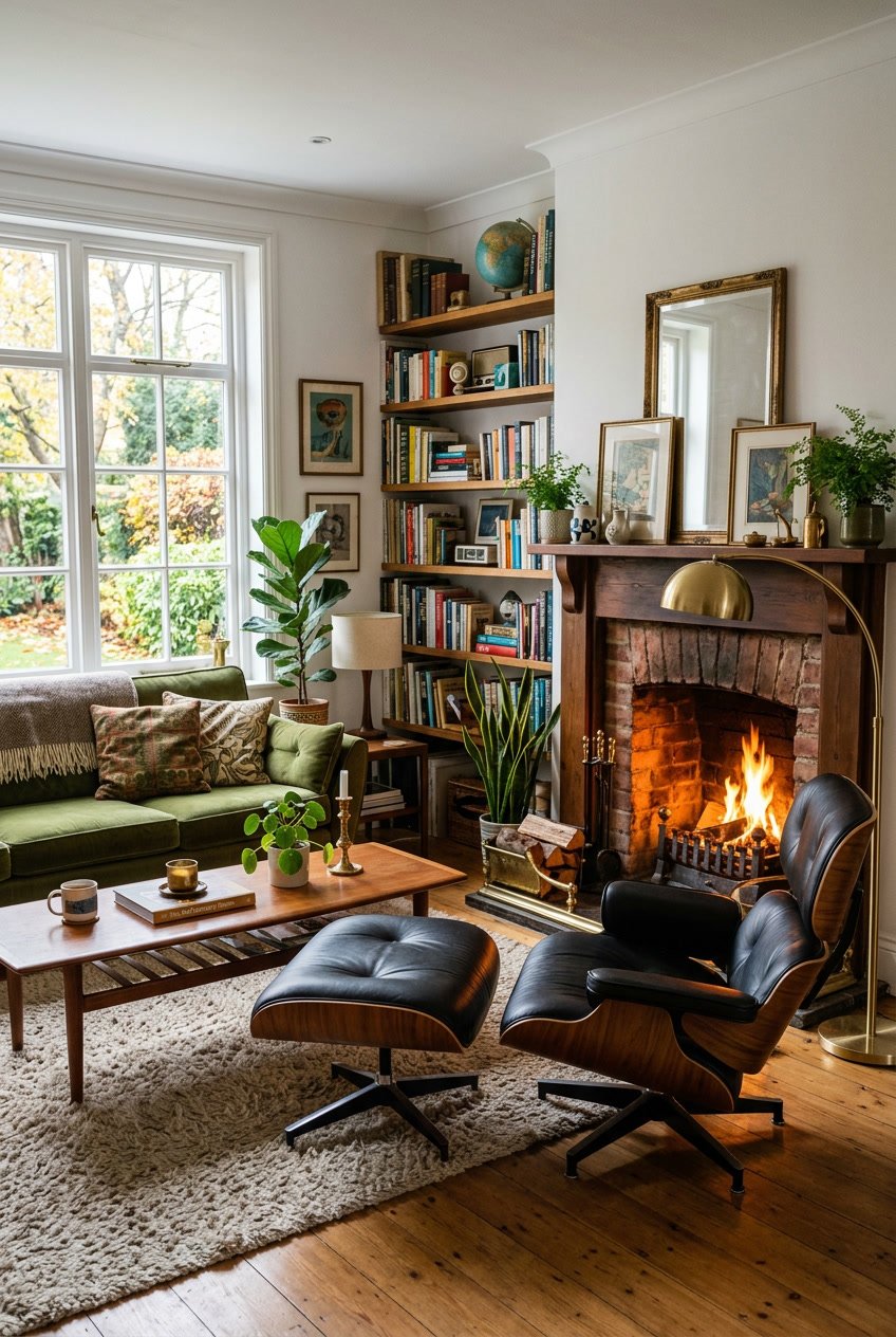 Ein gemütliches Wohnzimmer mit einem bequemen Sessel neben einem Kamin, umgeben von Möbeln und Dekorationen.