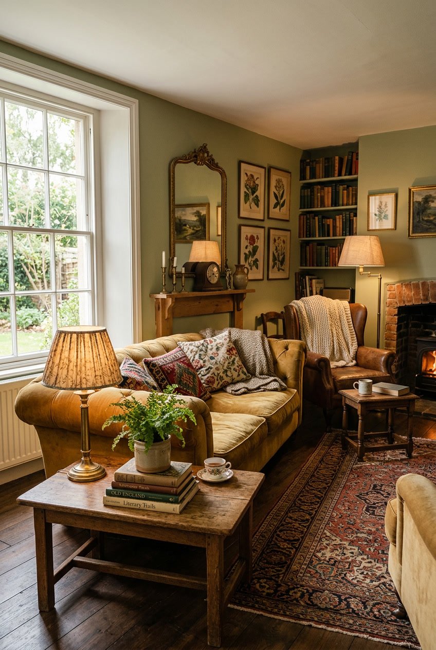 Ein gemütliches Wohnzimmer mit Sofa, Couchtisch, Stuhl und dekorativen Gegenständen in warmem Licht.