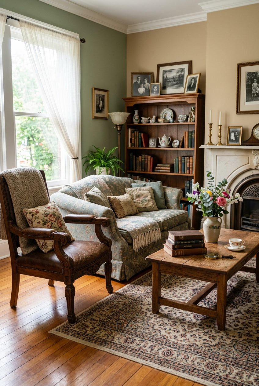 Ein gemütliches Wohnzimmer mit einem Holzsessel, einem Sofa, einem Couchtisch mit Blumen und einem Bücherregal im Hintergrund.