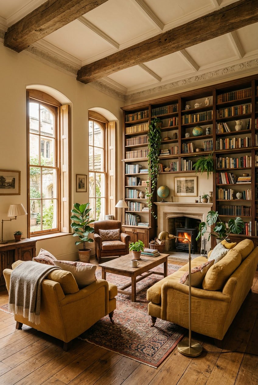 Gemütliches Wohnzimmer mit hohen Decken und großen offenen Bücherregalen, gefüllt mit Büchern und Dekorationen.