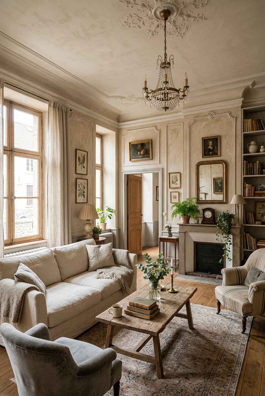 Gemütliches Wohnzimmer mit alten Stuckelementen an Wänden und Decke, warm beleuchtet und mit bequemen Möbeln eingerichtet.