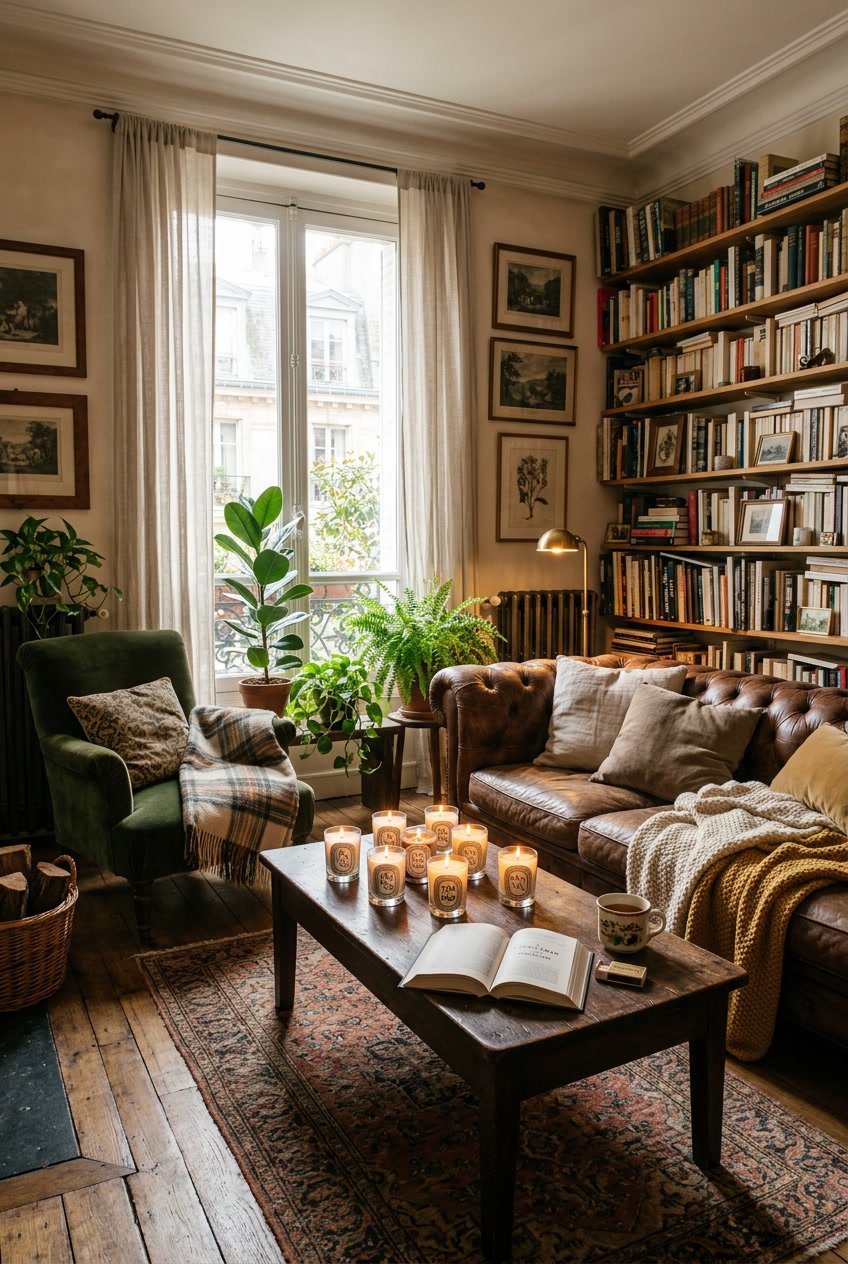 Gemütliches Wohnzimmer in einem Altbau mit brennenden Kerzen auf einem Holztisch und bequemen Sitzmöbeln.