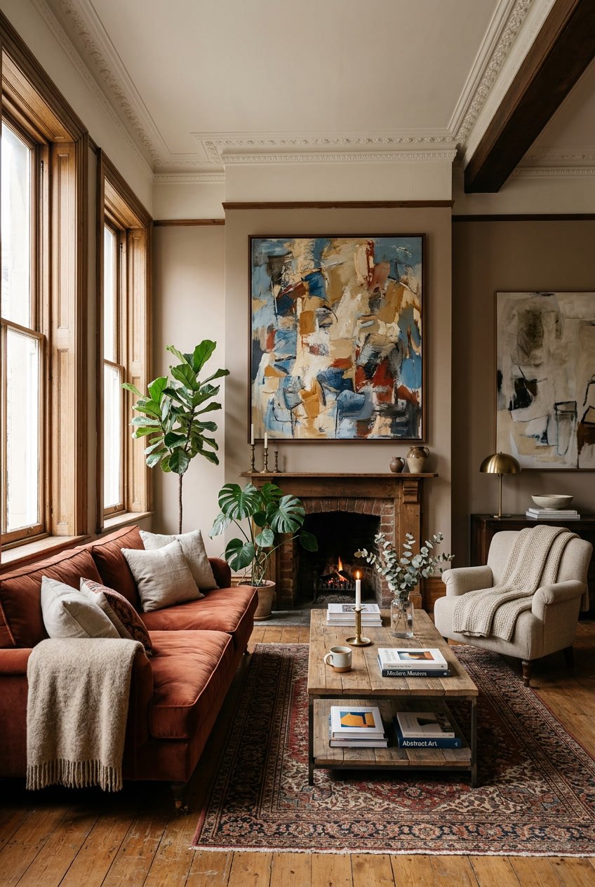 Gemütliches Wohnzimmer in einem Altbau mit großen abstrakten Kunstwerken an den Wänden, bequemen Sitzmöbeln und viel Tageslicht.