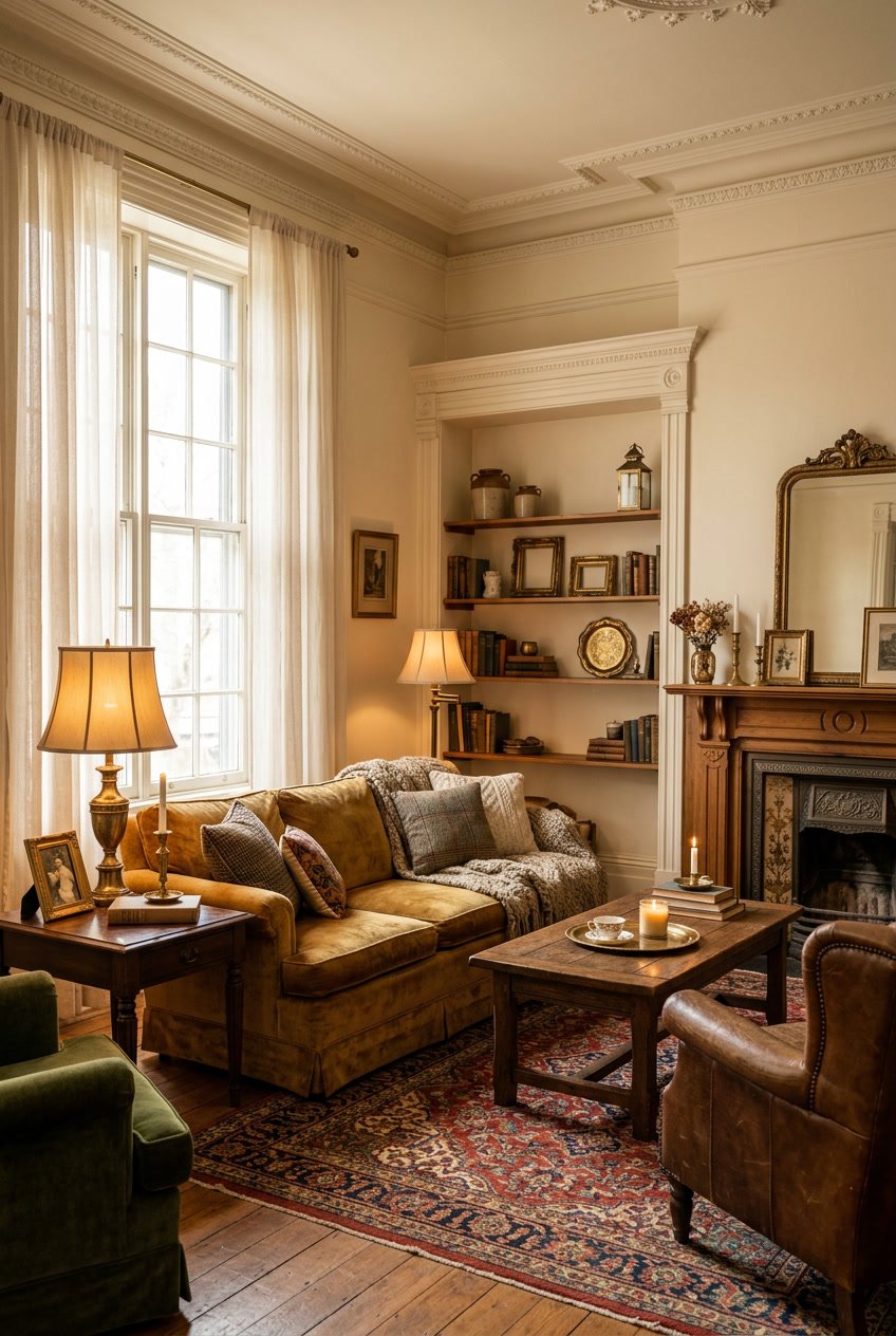 Gemütliches Wohnzimmer mit warmen Messing-Akzenten, bequemen Sitzmöbeln und klassischer Altbau-Architektur.