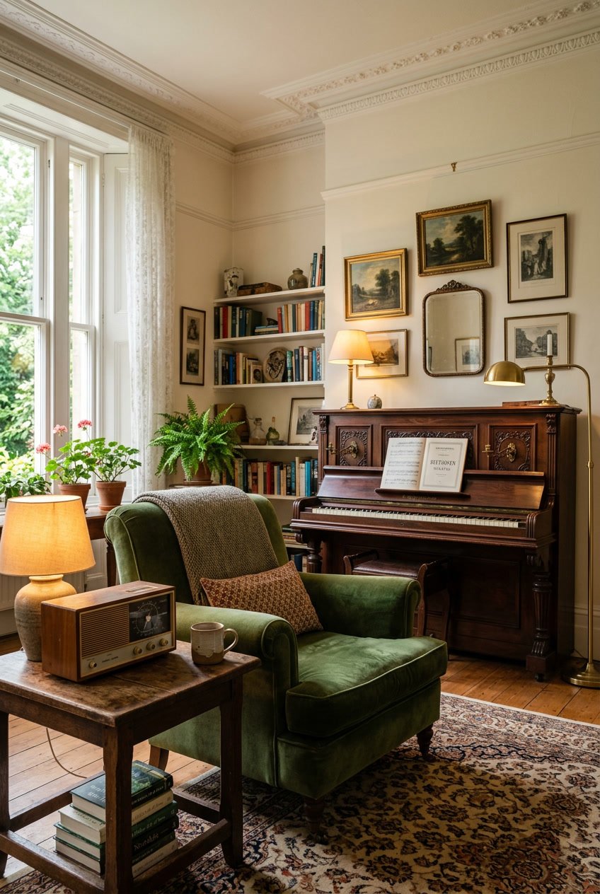Gemütliches Wohnzimmer mit einem Retro-Radio-Wecker auf einem Holztisch und einem antiken Klavier im Hintergrund.