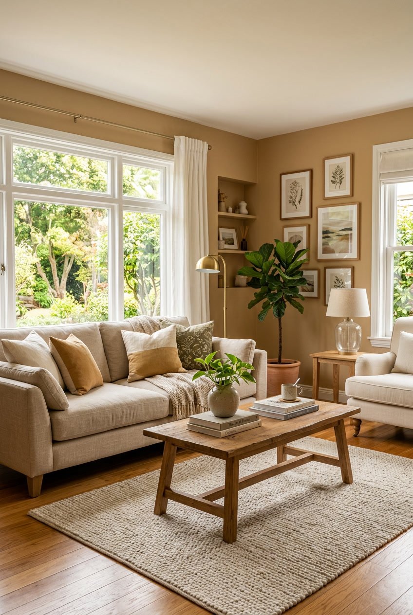 Gemütliches Wohnzimmer mit Wänden in warmem Sandton, Sofa, Couchtisch und Pflanzen.