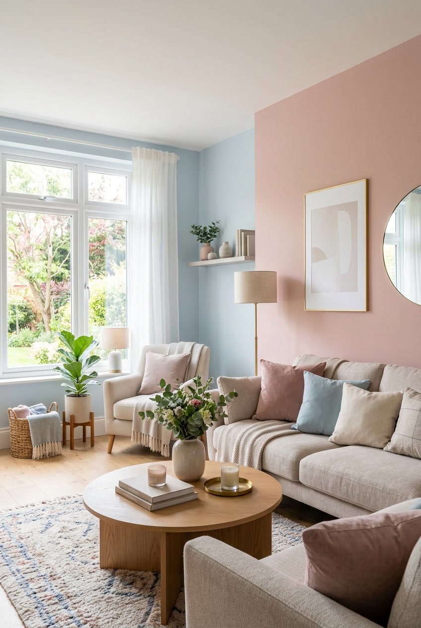 Gemütliches Wohnzimmer mit rosa und hellblauen Wänden, Sofa und Kaffeetisch.
