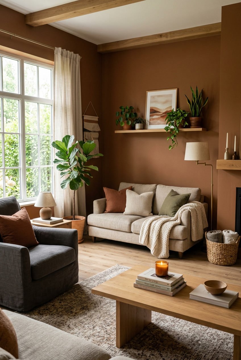 Ein gemütliches Wohnzimmer mit matt cognacbraunen Wänden, bequemen Sitzmöbeln, Pflanzen und natürlichem Licht.