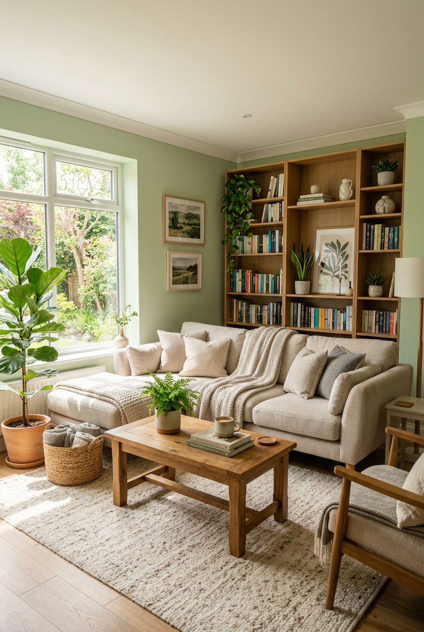 Gemütliches Wohnzimmer mit pastellgrünen Wänden, Sofa, Holzmöbeln und Pflanzen.