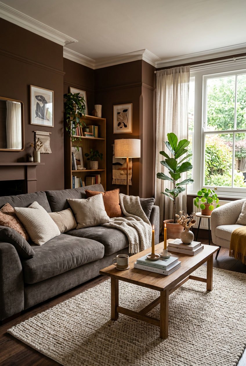Gemütliches Wohnzimmer mit schokoladenbraunen Wänden, Sofa, Holztisch, Teppich und Pflanzen, beleuchtet von natürlichem Licht.