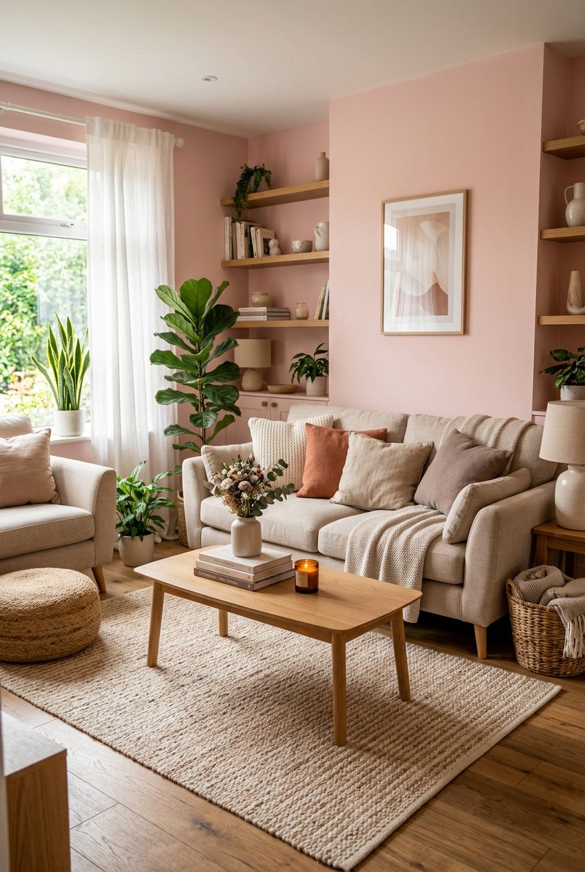 Gemütliches Wohnzimmer mit puderrosa Wänden, bequemen Sitzmöbeln und Pflanzen, das eine warme und einladende Atmosphäre ausstrahlt.