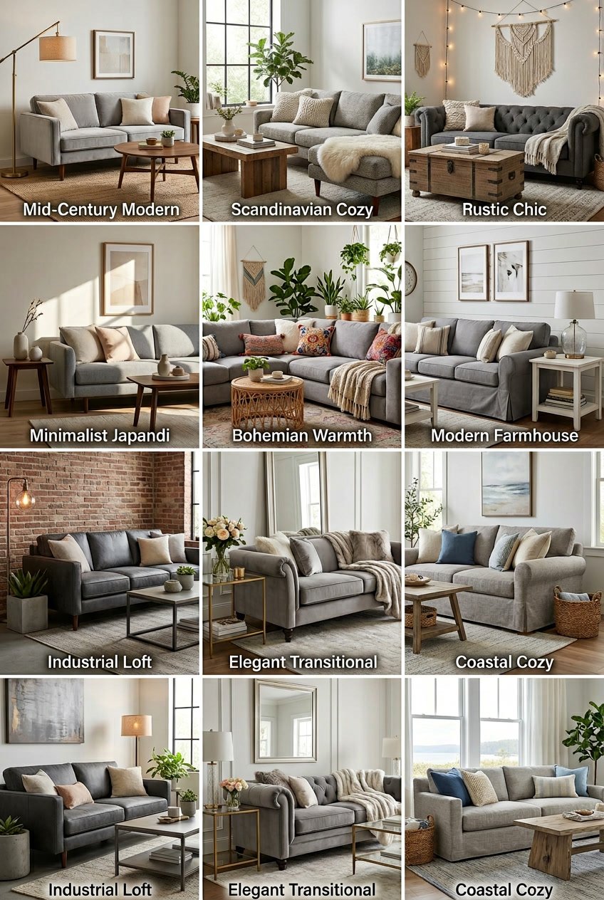 Neun gemütliche Wohnzimmer mit grauen Sofas, dekoriert mit Kissen, Decken, Lampen und Pflanzen.