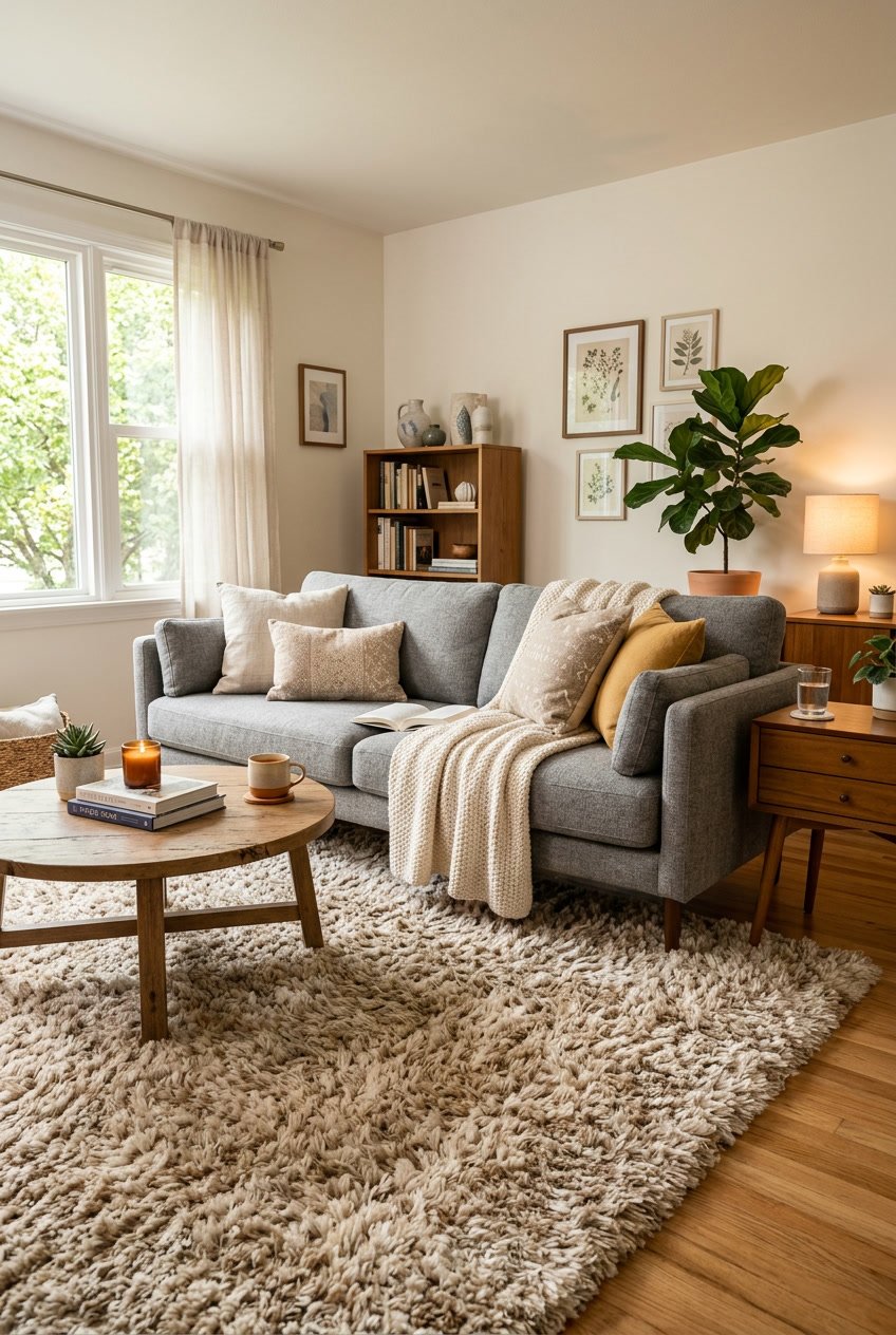 Gemütliches Wohnzimmer mit grauem Sofa und flauschigem Teppich in Naturtönen.