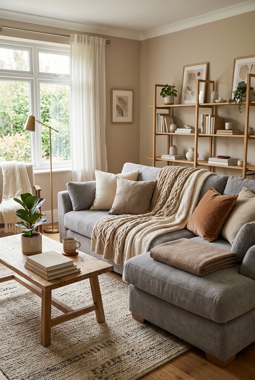Gemütliches Wohnzimmer mit grauem Sofa und mehreren gestrickten und wollenen Decken.