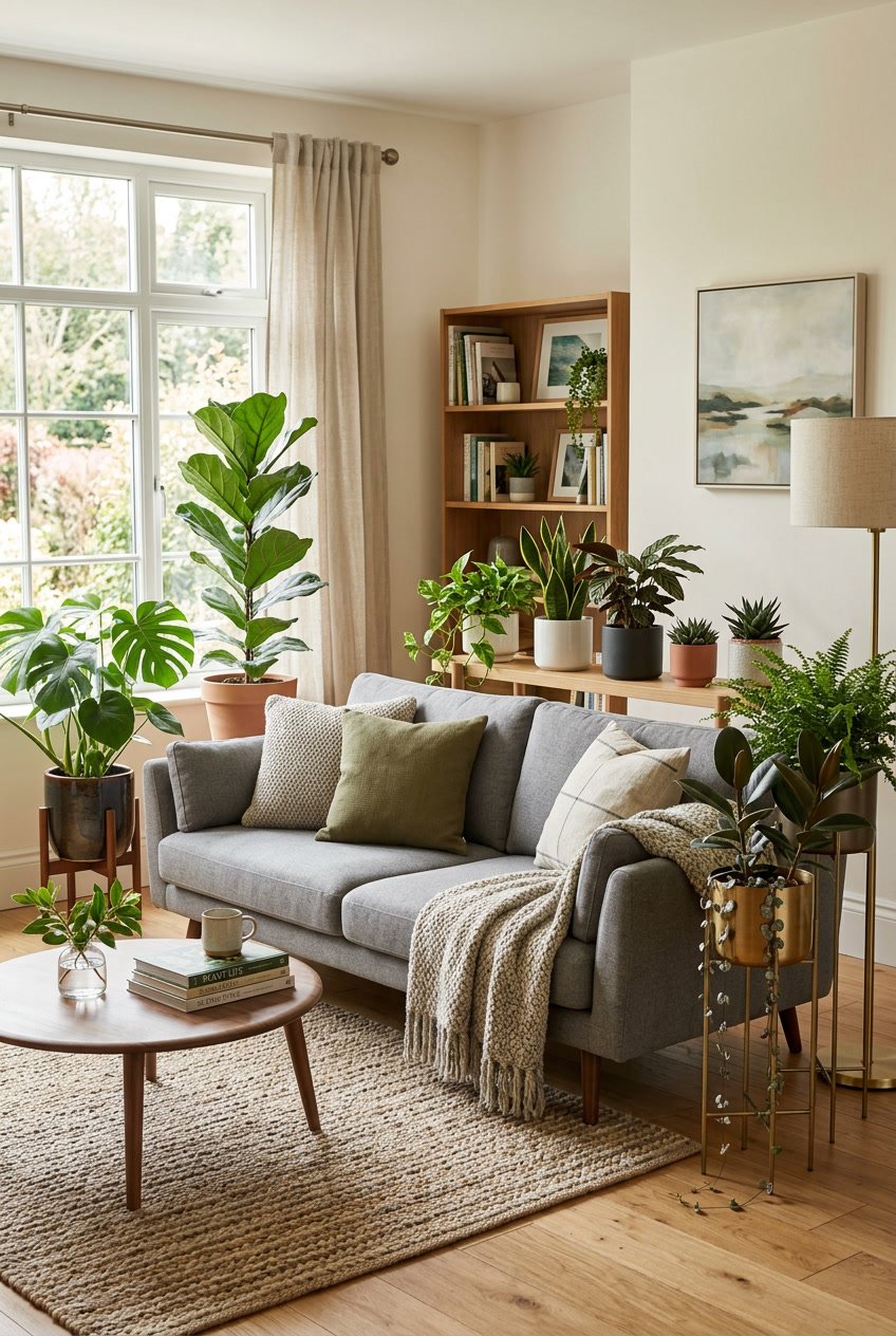 Gemütliches Wohnzimmer mit grauem Sofa und grünen Pflanzen in Keramik- und Metalltöpfen.