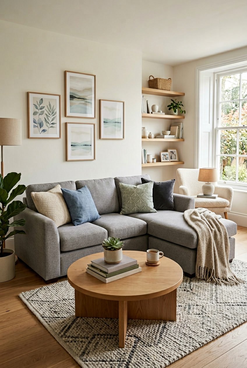 Gemütliches Wohnzimmer mit grauem Sofa, beruhigenden Wandbildern und warmem Licht.