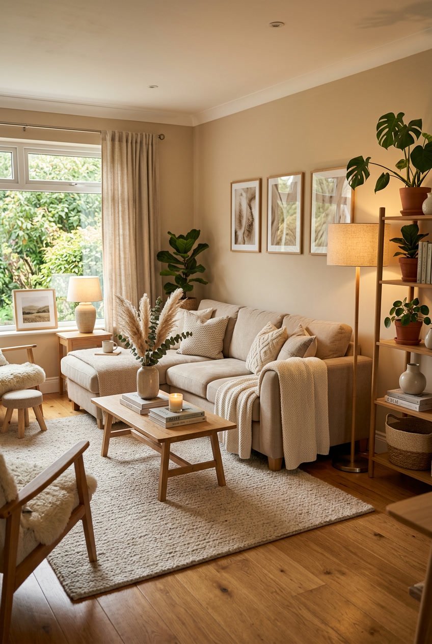Ein gemütliches Wohnzimmer mit beigen Möbeln, Teppich, Pflanzen und warmem Licht.