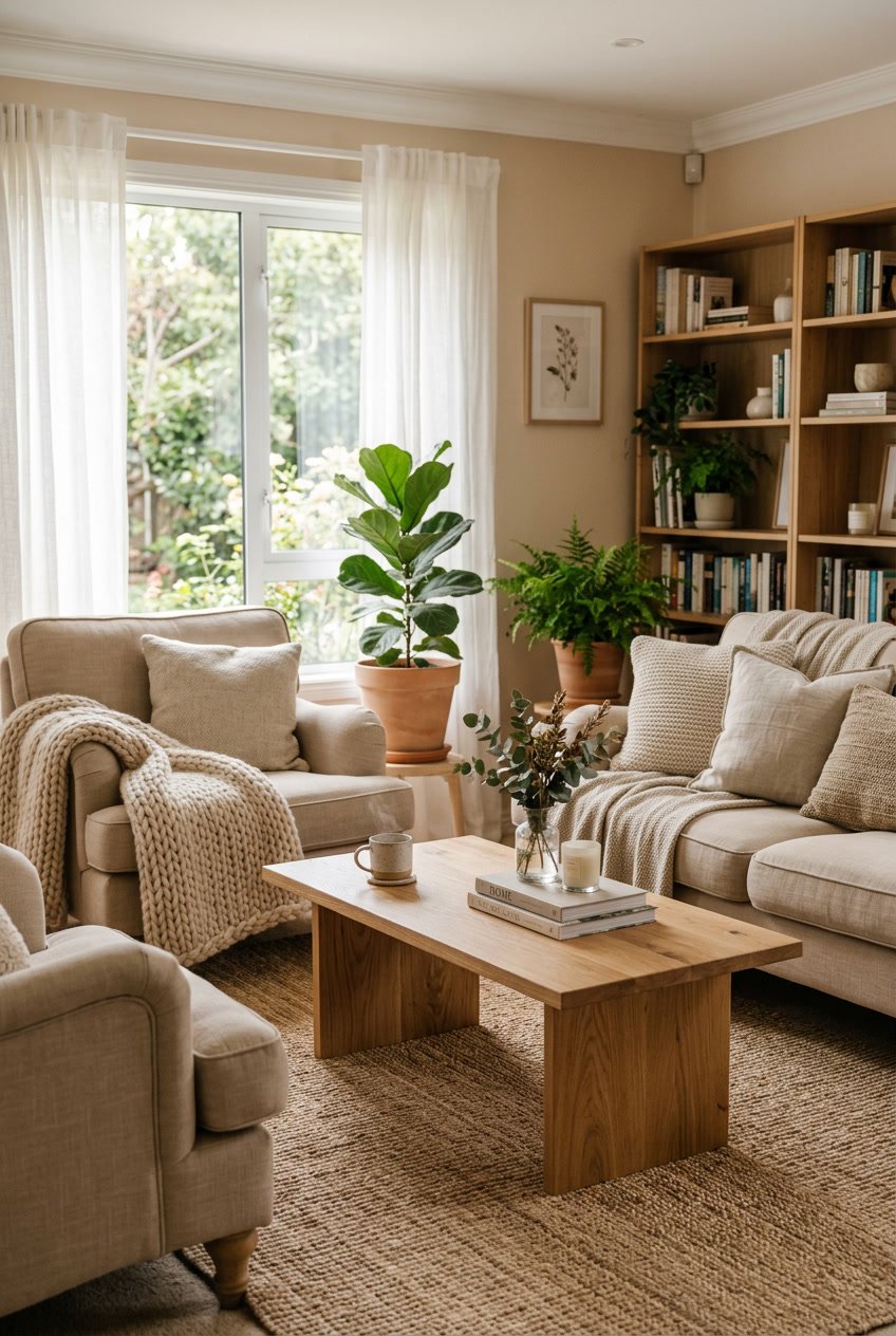 Gemütliches Wohnzimmer mit natürlichen Holzmöbeln und warmen Beigetönen, weichen Kissen und grünen Pflanzen.