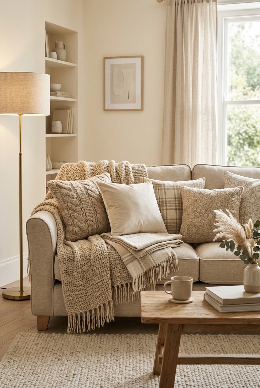 Gemütliches Wohnzimmer mit beigefarbenen Plaids und Kissen in verschiedenen Texturen auf einem Sofa.