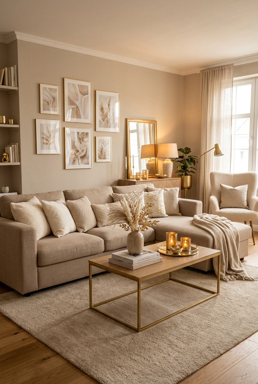 Ein gemütliches Wohnzimmer in warmen Beigetönen mit goldenen Kerzenhaltern und Bilderrahmen als Dekoration.