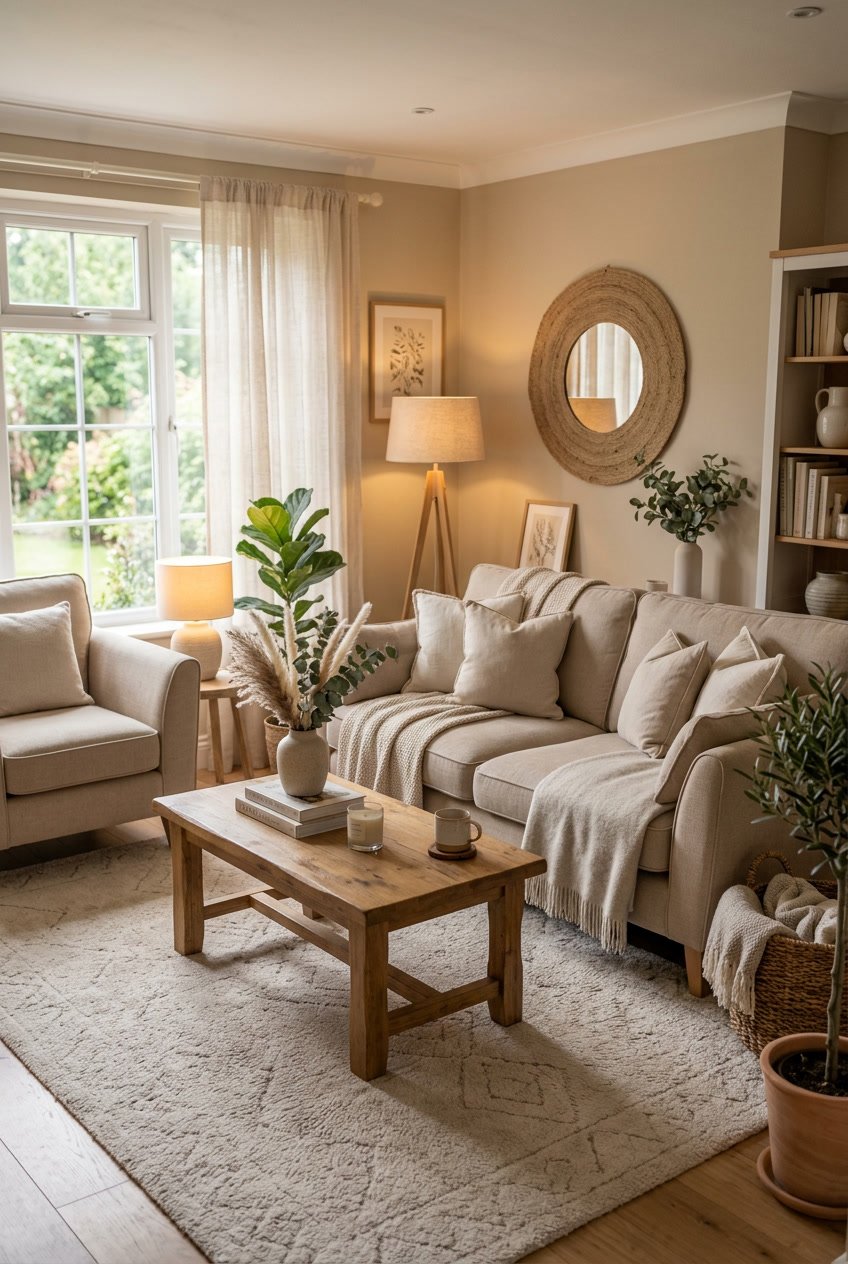 Gemütliches Wohnzimmer mit hellen Teppichen und beigen Möbeln in warmen Farbtönen.