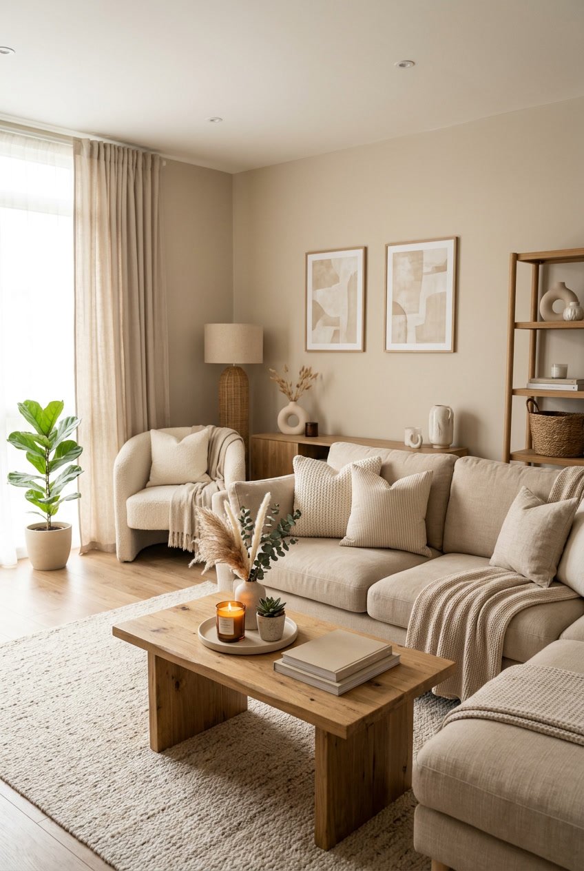 Gemütliches Wohnzimmer mit beigen Möbeln und Dekoration in warmen Beigetönen, natürlich beleuchtet.