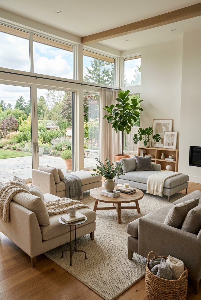 Großes Wohnzimmer mit mehreren bequemen Chaiselongues und natürlichem Licht.