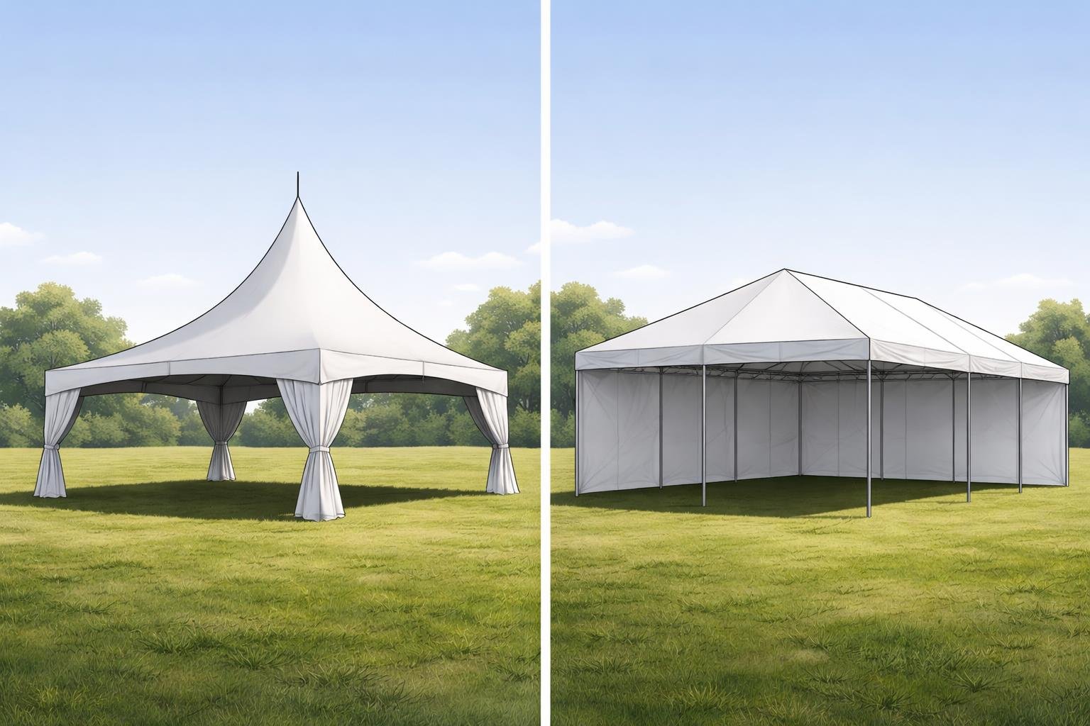 Two tents side by side outdoors: a tall, pointed high peak tent and a rectangular frame tent with visible metal supports.