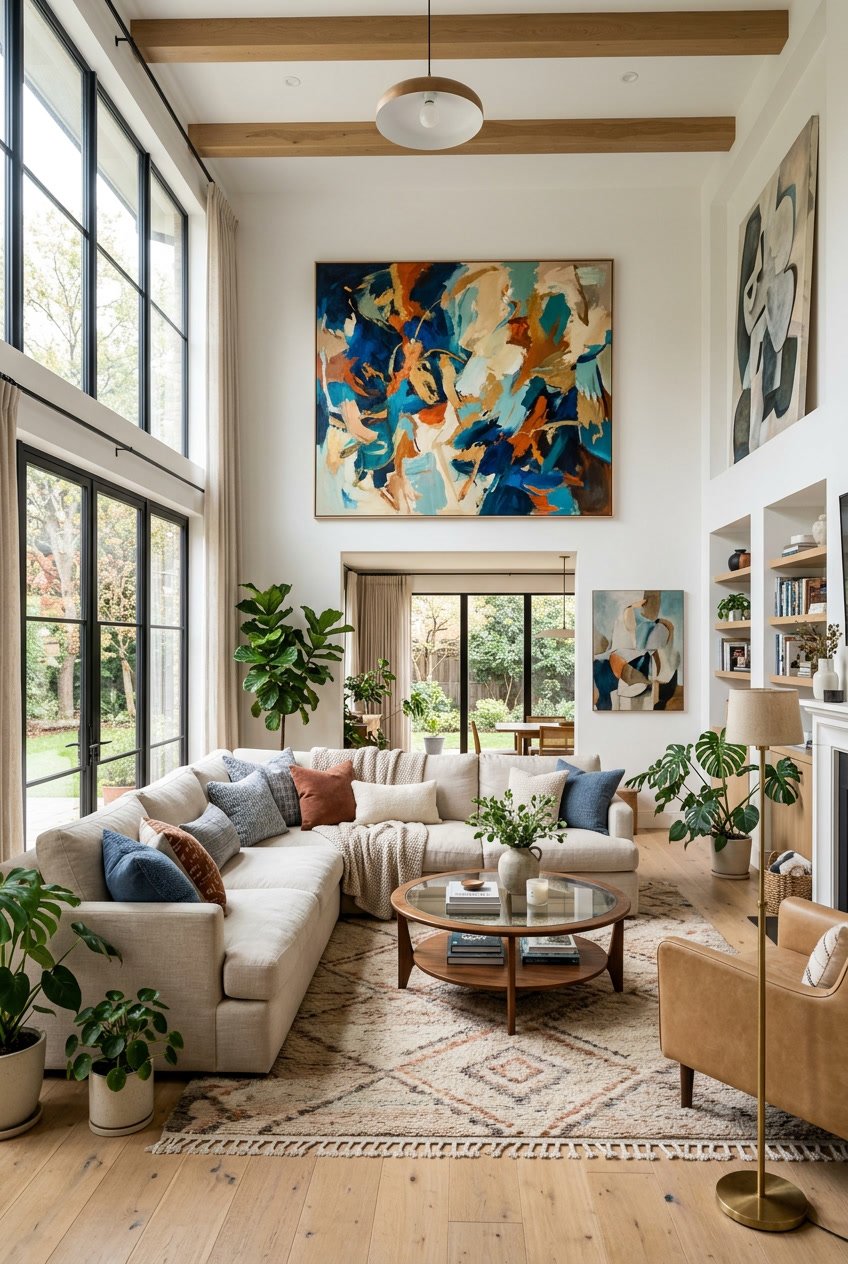 Großes Wohnzimmer mit gemütlicher Einrichtung und übergroßen Kunstwerken an den Wänden.