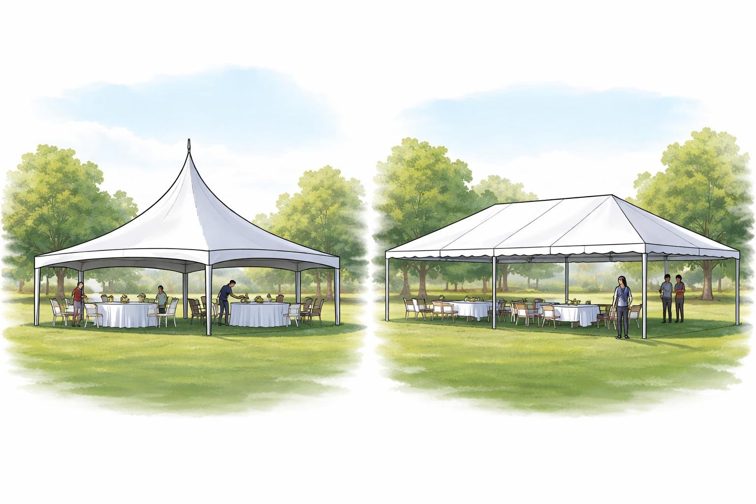 Two different types of event tents set up outdoors side by side on a grassy field with people nearby.