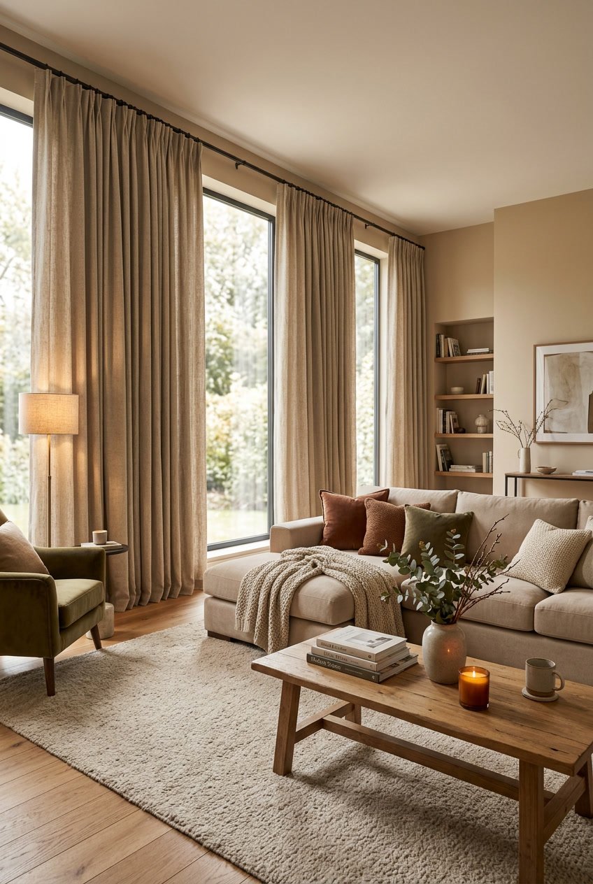 Großes Wohnzimmer mit gemütlichen, großen Stoffvorhängen, Sofa, Kaffeetisch und warmem Licht.