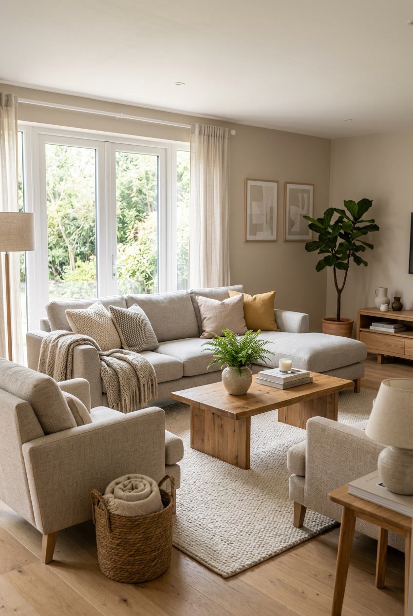 Ein Wohnzimmer mit beigen Wänden, Sofa, Sesseln, einem Holztisch und natürlichem Licht.