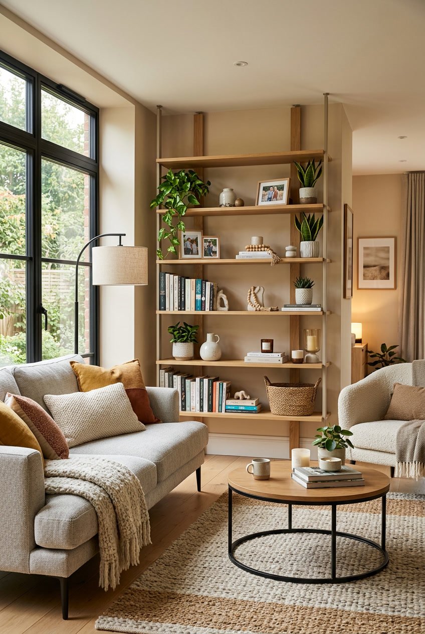 Modernes Wohnzimmer mit offenen Regalen, die persönliche Accessoires und Dekorationen zeigen, gemütliche Sitzgelegenheiten und warmes Licht.