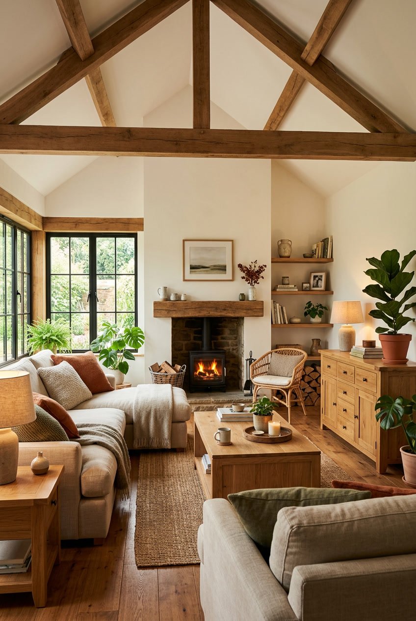 Gemütliches Wohnzimmer mit Holzboden, Holzmöbeln, Sofa, Teppich, Pflanzen und Kamin.