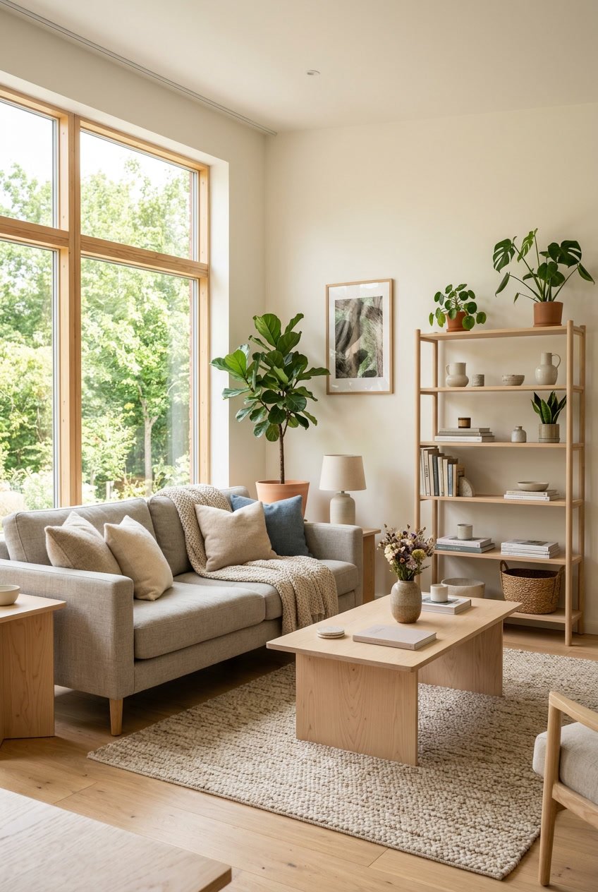 Gemütliches Wohnzimmer mit hellen Holzmöbeln aus Birkenholz, einem Sofa, einem Couchtisch und Pflanzen.