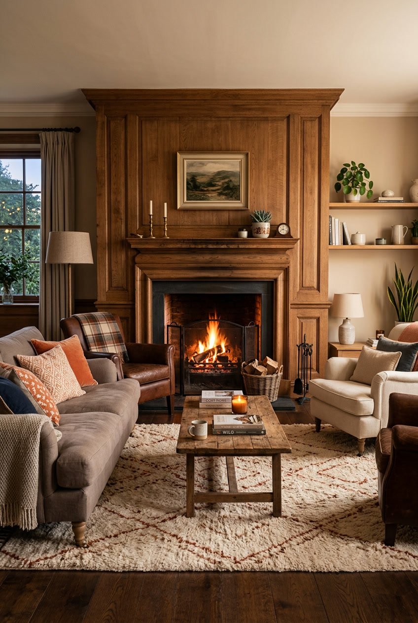Gemütliches Wohnzimmer mit offenem Kamin und Holzverkleidung als Mittelpunkt.