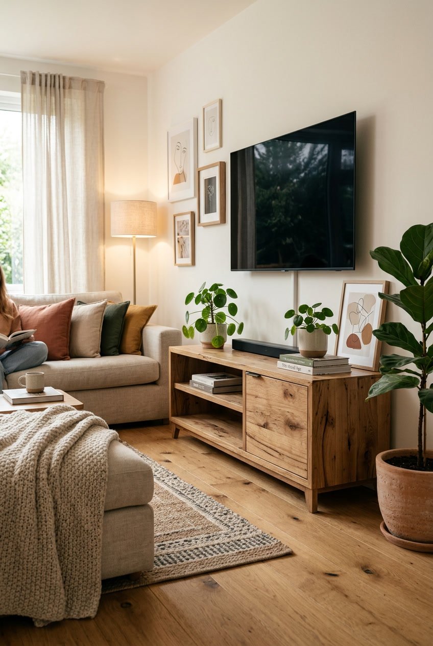 Moderner TV-Schrank aus Holz in einem gemütlichen Wohnzimmer mit Sofa, Pflanzen und warmem Licht.