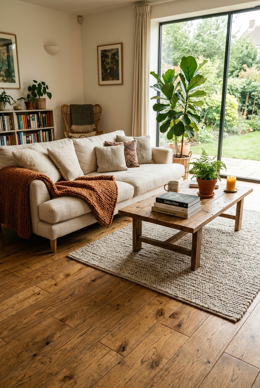 Gemütliches Wohnzimmer mit einem Holzboden mit geölter Oberfläche und bequemen Möbeln.