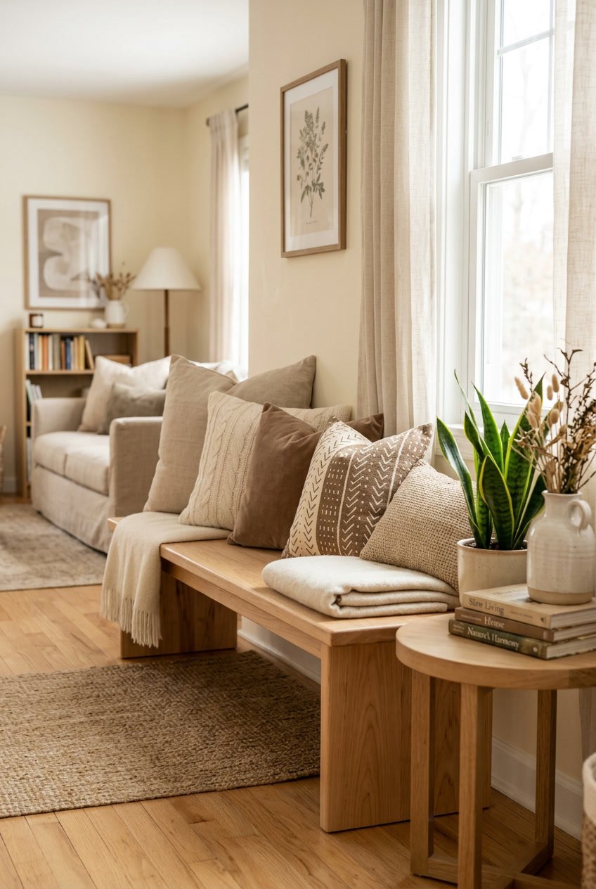 Ein Wohnzimmer mit einer Holzbank, die mit Kissen als Sitzgelegenheit ausgestattet ist.