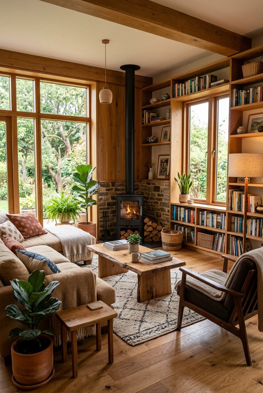 Gemütliches Wohnzimmer mit Holzmöbeln, Pflanzen und warmem Licht.
