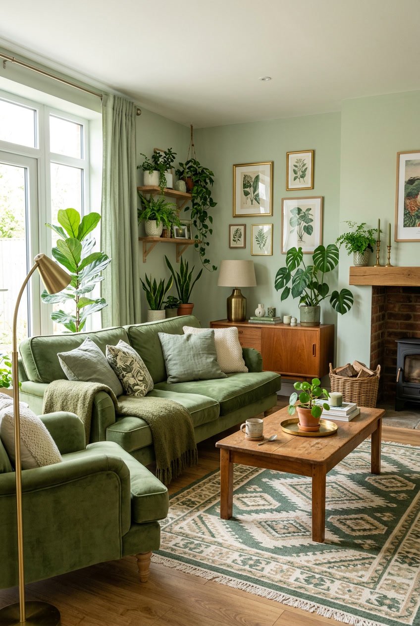 Ein gemütliches Wohnzimmer mit grünen Möbeln, vielen Pflanzen und natürlichem Licht.